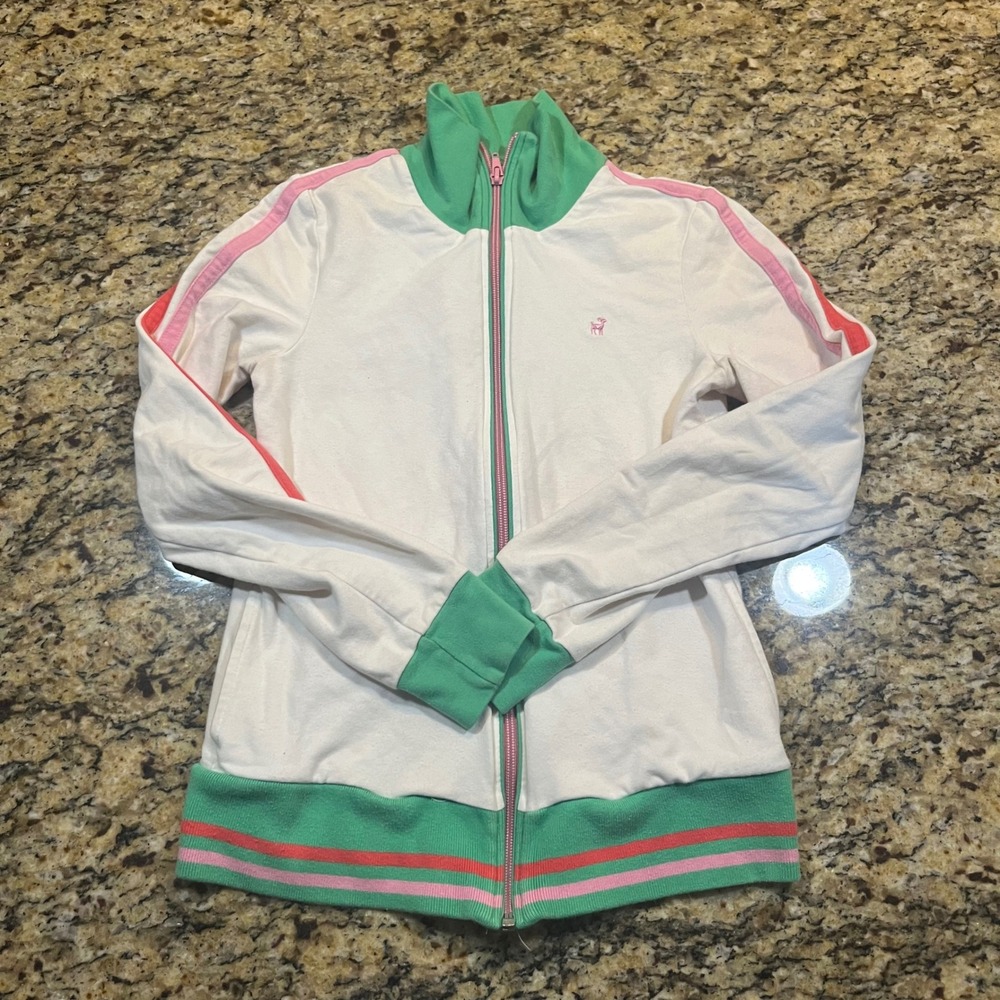 Vintage Old Navy Womens XS White Green Pink Zip Up Track Jacket Deer‎ Logo